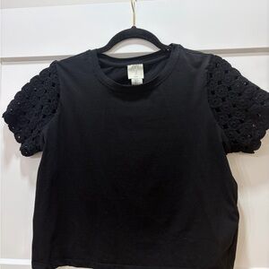 Joie Black Short Sleeve Top with Crochet Detail. Size Small